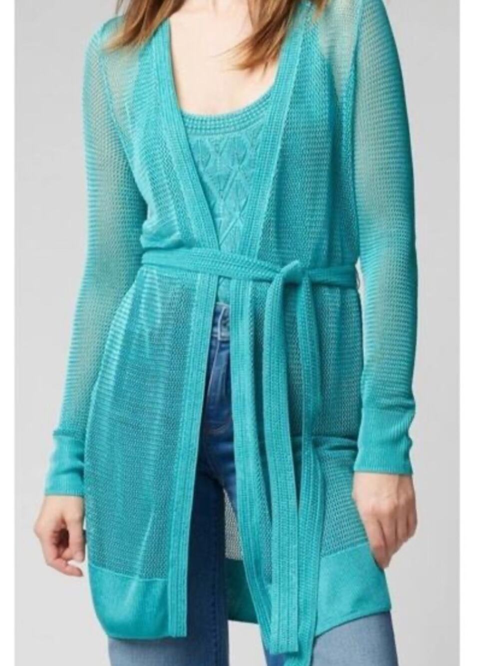 White House Black Market green lightweight open-stitch belted cardigan Size S